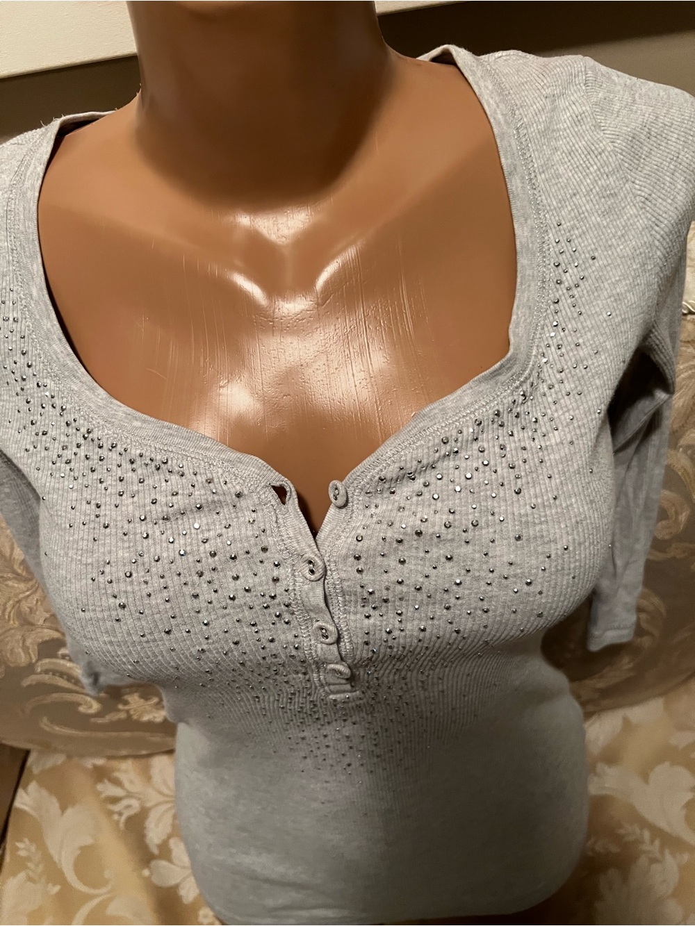 Light Gray Ribbed Top with Delicate Rhinestones & Beads - Picture 3 of 4
